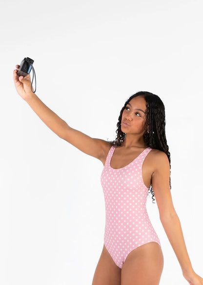 Aqua One Piece Pink Polka Dot