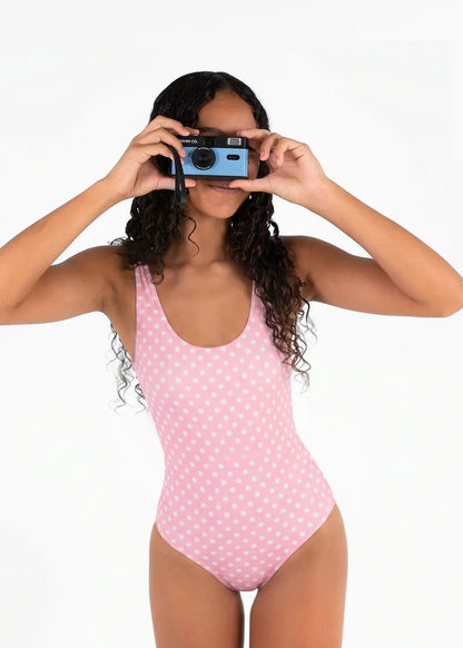 Aqua One Piece Pink Polka Dot